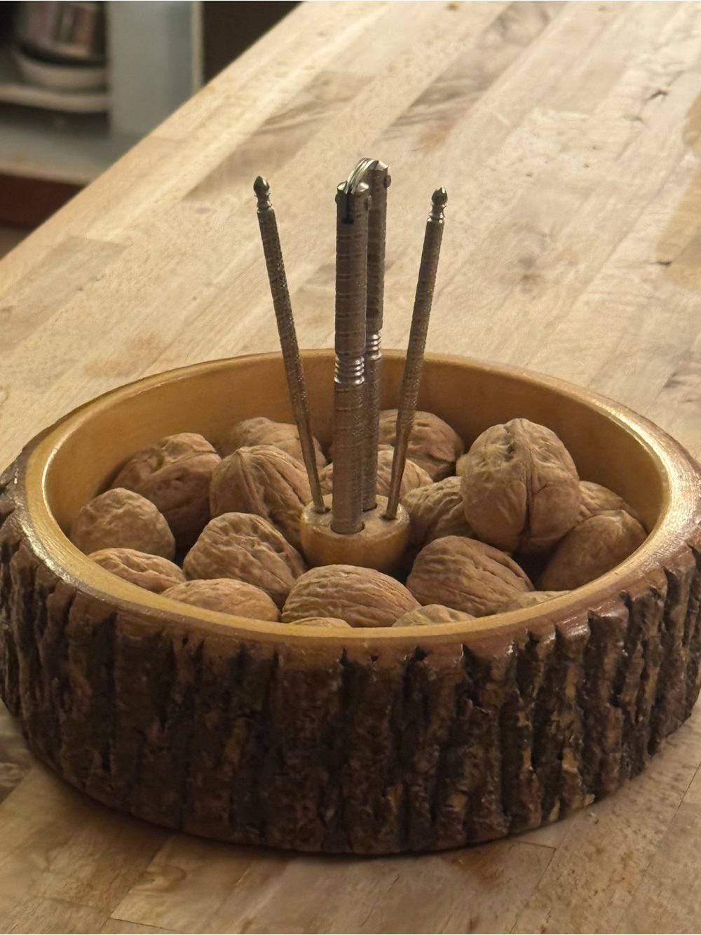 1970's Rustic Bark-Edge Nut Bowl with Vintage Nutcracker Picks - Brown